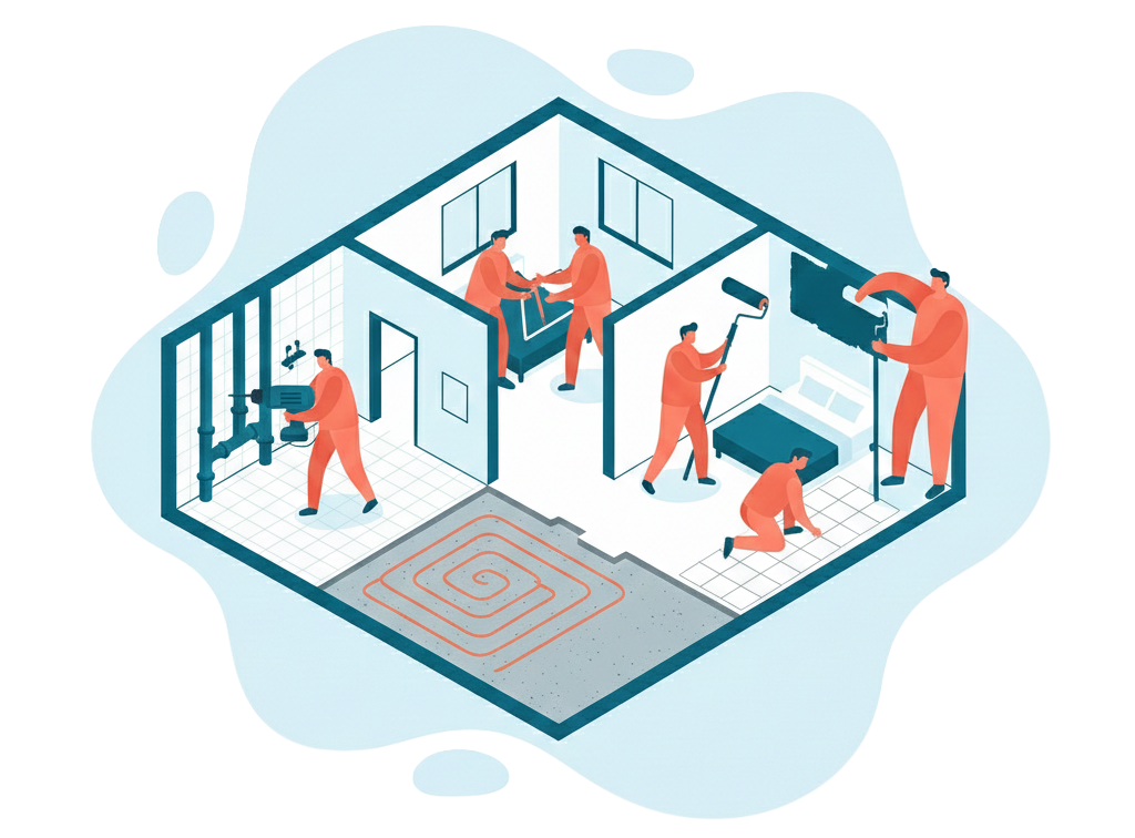 Illustrazione di una ristrutturazione interna di un appartamento con operai in diverse fasi dei lavori.