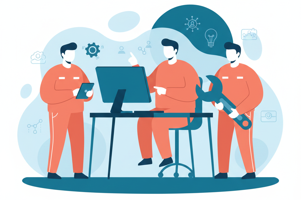 Illustrazione di una squadra di operai al lavoro davanti a un computer, per presentare l’azienda e i servizi di ristrutturazione