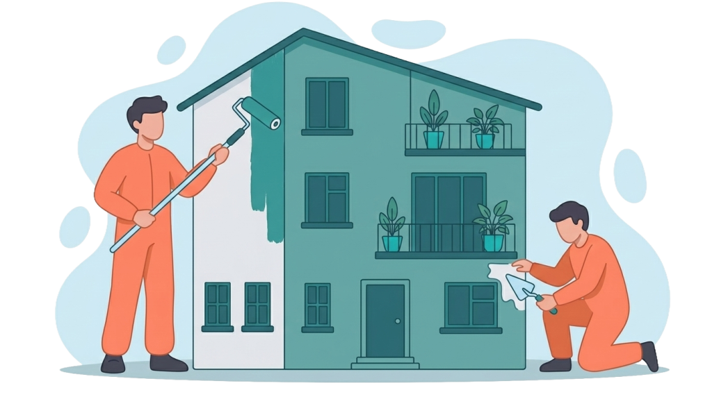 Illustrazione di operai al lavoro nella tinteggiatura e finitura della facciata di un edificio