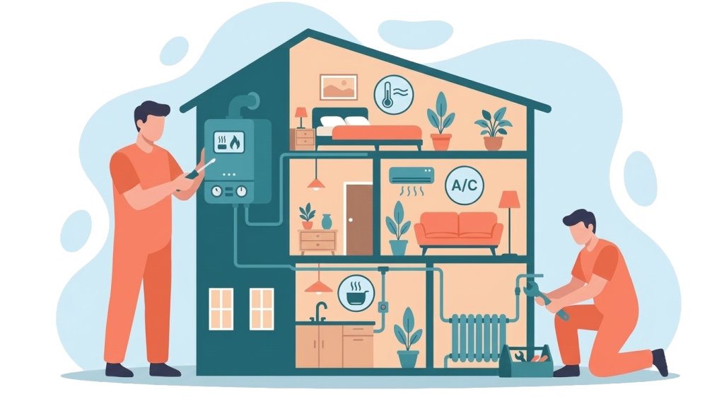 Illustrazione di operai al lavoro sugli impianti di una casa, con sezioni visibili di riscaldamento, climatizzazione e impianto idraulico