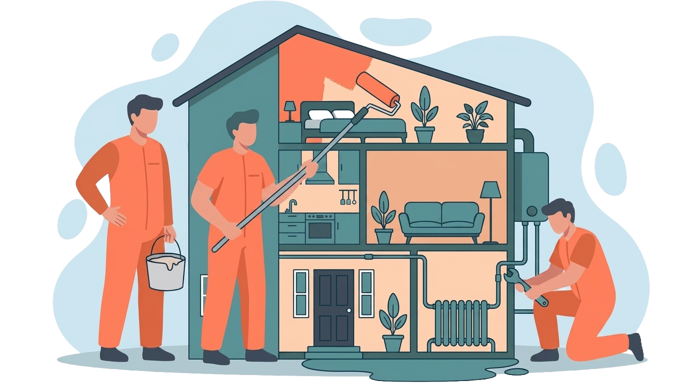 Illustrazione di operai al lavoro nella ristrutturazione di una casa, con interventi su interno, impianti e finiture